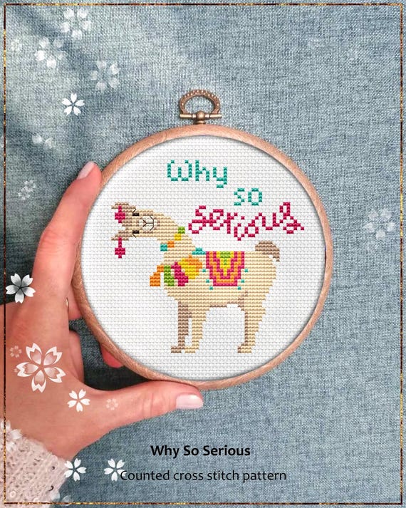 Why So Serious Cross Stitch Pattern, Easy Cute Llama design, Happy Alpaca, Funny Animal Quote Card, Download PDF