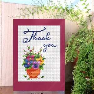 Bedankt kruissteekpatroon voor doe-het-zelfwenskaart, vaas met bloemenontwerp, boeket bedankcadeau, digitale download pdf