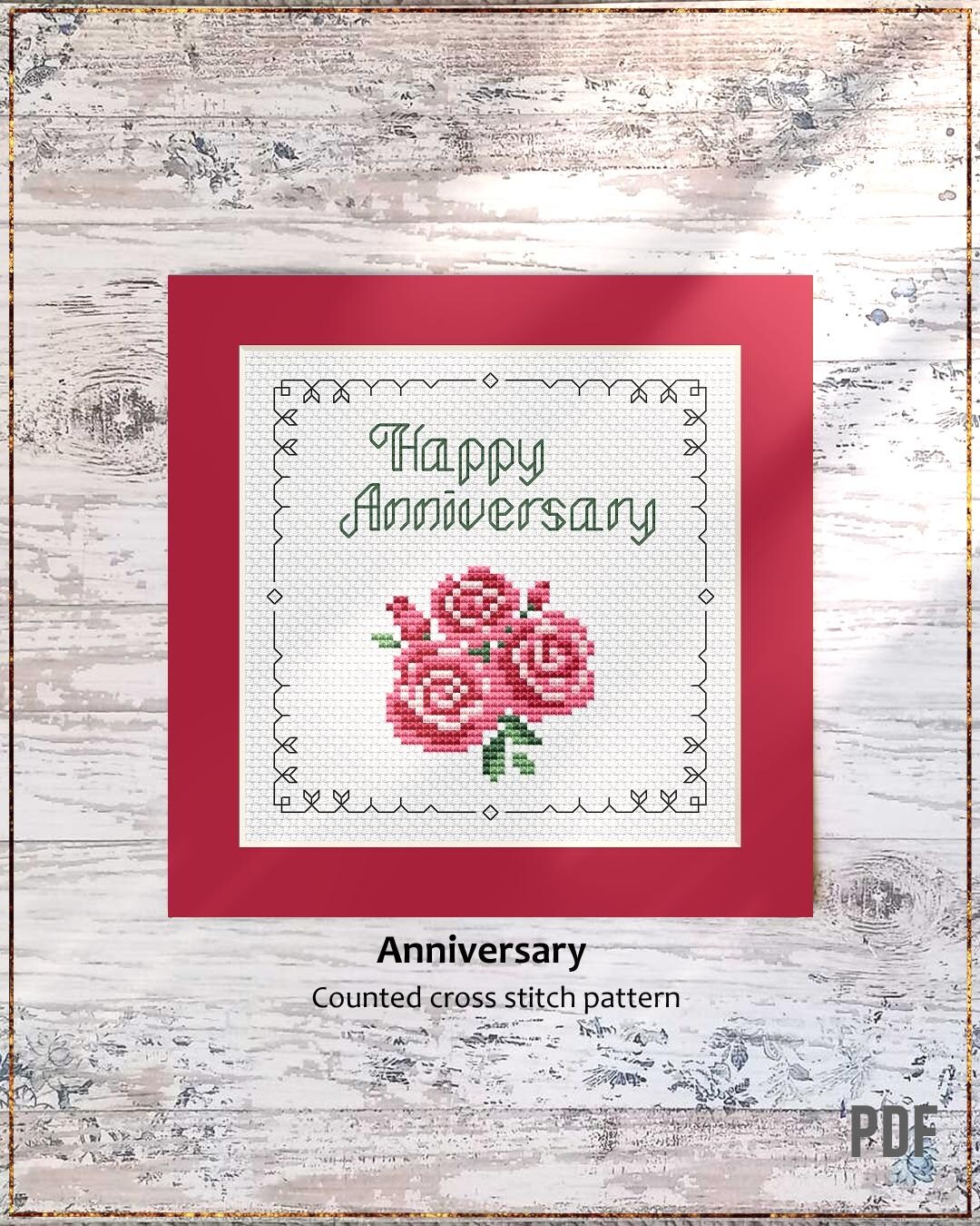 Anniversary Cross Stitch Pattern, Elegant DIY Gift Card Embroidery (PDF ...