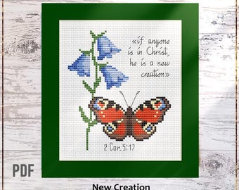 New Creation Cross Stitch Pattern, Peacock Butterfly Design, Bible Verse Gift Card (PDF)
