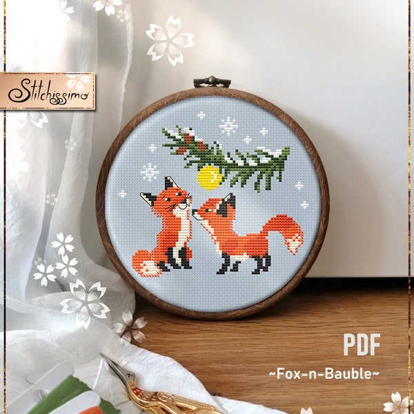 Charming Foxes cross stitch pattern Holiday Decor with Snowy Christmas Tree and Bauble Instant download