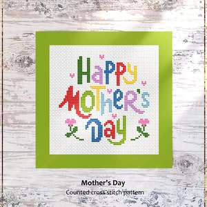 Felice Festa della Mamma Schema Punto Croce Moderno Fai da Te Biglietto di Auguri Lettere Colorate Fiori Decorazione da Parete Download Immediato PDF