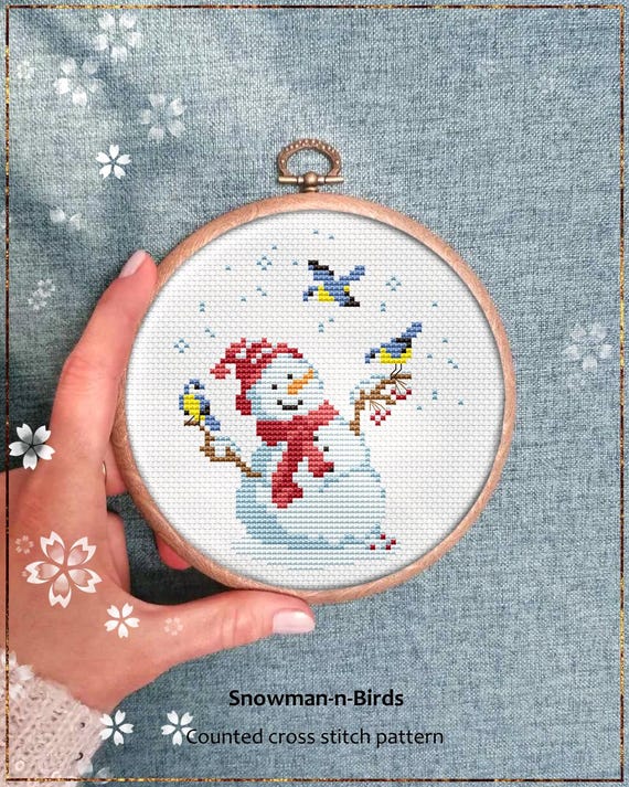 Snowman & Birds Cross Stitch Pattern, Funny Christmas Card Design