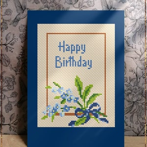 Joyeux anniversaire, fleur, motif point de croix, bouquet de fleurs bleues avec noeud, carte de voeux à faire soi-même, idée cadeau, téléchargement immédiat au format PDF