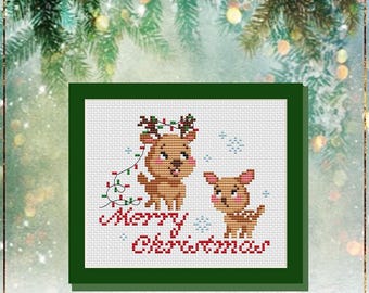 Christmas Deer Card Cross Stitch Pattern, Funny Baby Deer Decoration (PDF)