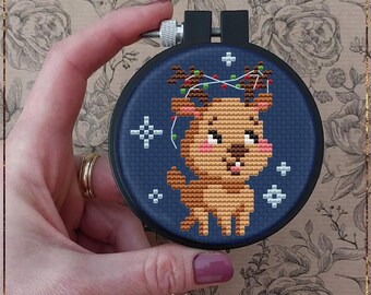 Christmas Deer Cross Stitch Pattern, Funny Animal Festive Art Decor (PDF)