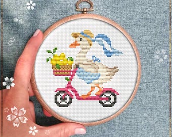 Duck and Lemons Cross Stitch Pattern, Summer Animal Art (PDF)