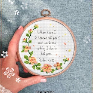 Rose Wreath cross stitch pattern, Christian Quote design, Bible Verse Greeting Card Idea, Wall Decor, Instant Download PDF