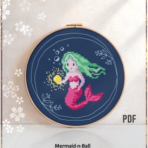 Little Mermaid with Ball modern Cross Stitch Pattern Cute girl Shining Ball Sea Princess Nursery Wall Art PDF