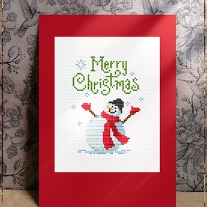 Weihnachtskarte moderne Kreuzstich glücklich Schneemann Schneeflocken Frohe Weihnachten Zitat Geschenk Urlaub Wand Kunst Sofort download PDF