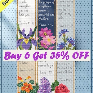 Puede incluir: Seis marcapáginas coloridos con diseños florales y versículos bíblicos. Los marcapáginas están dispuestos en dos filas de tres. La fila superior presenta versículos de Isaías, Santiago y Salmos. La fila inferior presenta versículos de Isaías, Lucas y Juan. Los marcapáginas se venden en un paquete de seis.