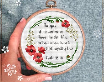 Poppy Wreath cross stitch pattern, Christian Quote design, Bible Verse Greeting Card Idea, Wall Decor, Instant Download PDF