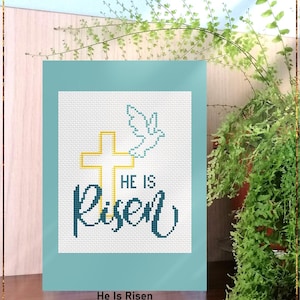 Patrón de punto de cruz "Él ha resucitado", diseño de cita cristiana para tarjeta de felicitación con cruz y paloma (PDF)