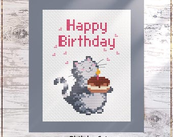 Schema per punto croce con gatto di compleanno, gatto con torta, design per biglietto fai da te (PDF)