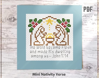 Mini Nativity Verse cross stitch pattern,  Bible Verse DIY Card (PDF)