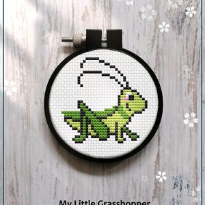 May include: A cross-stitch embroidery hoop featuring a pixelated grasshopper design in shades of green and black on a white background. The text "My Little Grasshopper" and "Counted cross stitch pattern" are below the design.