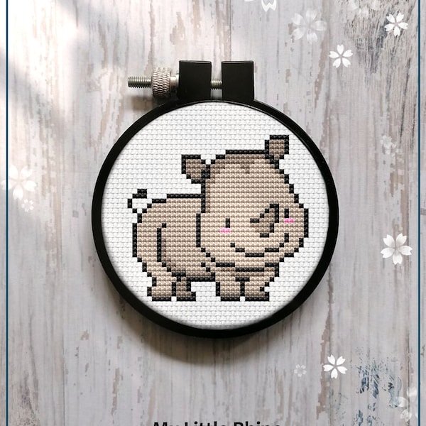 Cute Little Rhino Modern Cross Stitch pattern Gift for Kid easy Mini Rhinoceros Beginner Wall Art Instant Download PDF