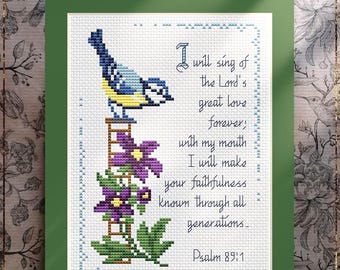 I Will Sing Cross Stitch Pattern, Yellow Chickadee, Bible Verse Psalm 89 (PDF)