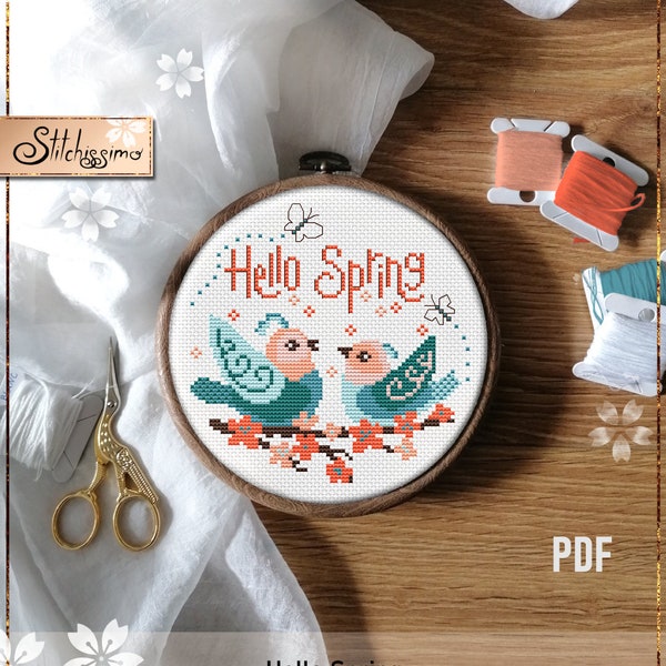 Hello Spring modern Cross Stitch Pattern Birds chirping on Flowering Branch Quote Wall Art Instant Download PDF