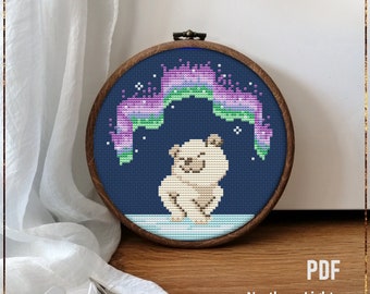 Northern Lights Cross Stitch Pattern, Easy Polar Bear Aurora Design (PDF)