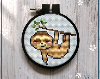 Cute Sloth Modern Cross Stitch Pattern Gift for Kid easy Mini baby Sloth beginner design Wall Art Instant Download PDF