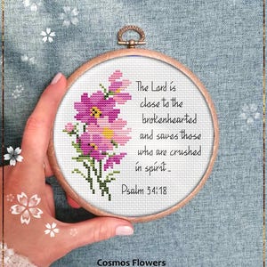 Motif de point de croix fleurs cosmos, conception de citation chrétienne, idée de carte de voeux de verset de la Bible, décoration murale, téléchargement immédiat PDF