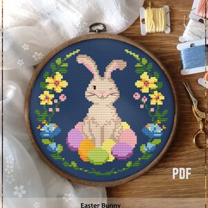 Easter Bunny Modern Cross Stitch Pattern Cute Rabbit With Easter Eggs ...