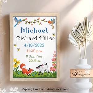 Spring Fox Birth Announcement modern cross stitch pattern Customized Baby Shower Gift Nursery Wall Decor Instant Download