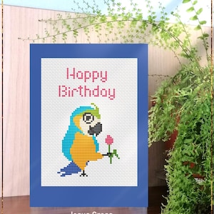 Modèle de point de croix joyeux anniversaire pour carte de voeux DIY, perroquet ara mignon avec tulipe, cadeau fait main, téléchargement numérique PDF