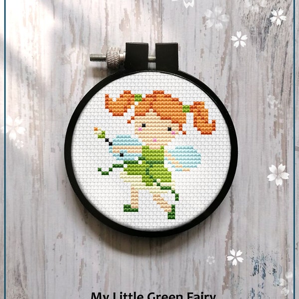 Cute Little Green Fairy Modern Cross Stitch Pattern Gift for Kid Easy Mini Beginner Hoop Art Nursery Decor Download PDF