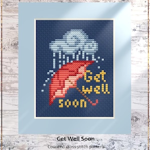 Patrón de punto de cruz "Que te mejores pronto", Paraguas con nube lluviosa, Tarjeta de regalo para hacer tú mismo (PDF)