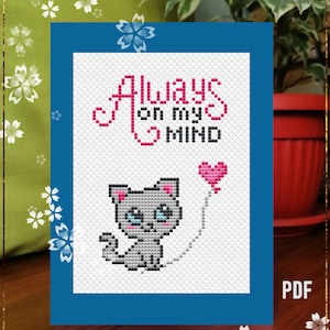 Always on My Mind eenvoudig kruissteekpatroon voor doe-het-zelfwenskaart schattige kitten hartballon Instant download pdf