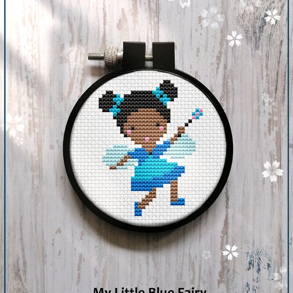 Cute Little Blue Fairy Modern Cross Stitch Pattern Gift for Kid Easy Mini Beginner Hoop Art Nursery Decor Download PDF