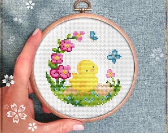 Little Chick out of the Egg modern Cross Stitch pattern Beginner design Spring Flowers Butterflies Easter Wall Decor PDF