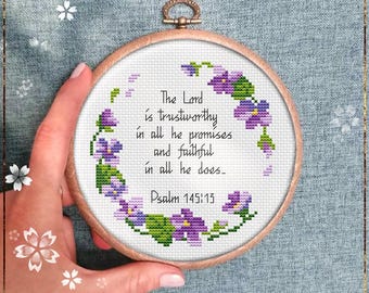 Violets Wreath cross stitch pattern, Christian Quote design, Bible Verse Greeting Card Idea, Wall Decor, Instant Download PDF