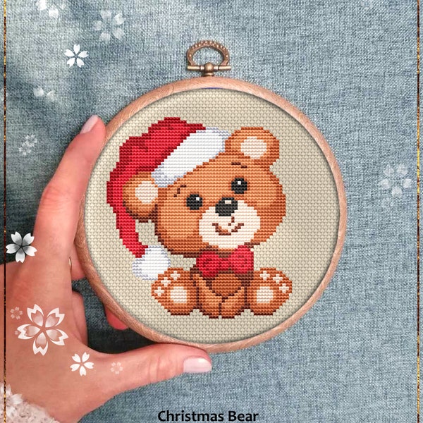 Adorable Teddy Bear with Christmas Hat cross stitch pattern Cute Merry Christmas Quote Winter Decor Instant download PDF