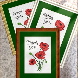Love You, Miss You, Thank You elegantes Kreuzstichmuster für DIY Grußkarten Rote Mohnblumen Zitat Sofort Download PDF