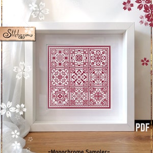 Monochrome Sampler Counted Cross Stitch Pattern, Tile Embroidery Sampler, Mosaic Cross Stitch Quaker embroidery