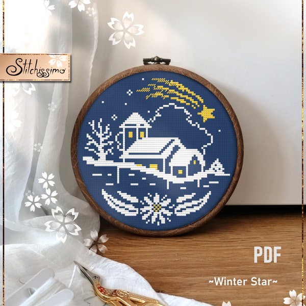 Étoile d'hiver point de croix minimaliste Village d'hiver enneigé Paysage Broderie edelweiss de Noël Téléchargement instantané PDF