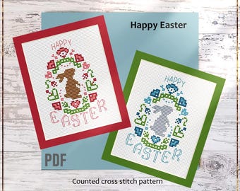 Happy Easter cross stitch pattern, Bunny Egg Flowers Wall Art, DIY Card Design (PDF)
