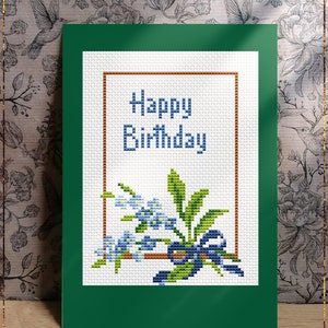 Patrón de punto de cruz de flor de feliz cumpleaños, ramo de flores azules con lazo, tarjeta de felicitación DIY, idea de regalo clásica, descarga instantánea en PDF