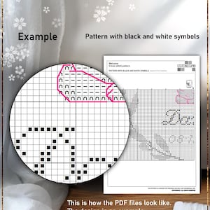 Pu&ograve; includere: Uno schema di punto croce in bianco e nero con il testo "Welcome Cross-stitch pattern PATTERN WITH BLACK AND WHITE SYMBOLS" e il logo "STITCHISSIMO". Lo schema &egrave; un esempio di come appaiono i file PDF.