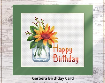Gerbera Birthday Cross Stitch Pattern, Yellow Flower DIY Card Design (PDF)