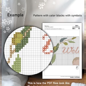 Pu&ograve; includere: Un modello di punto croce digitale con blocchi di colore e simboli. Il modello presenta un design floreale con la parola "Benvenuto" in verde e marrone. Il modello &egrave; etichettato come "Modello con blocchi di colore e simboli".