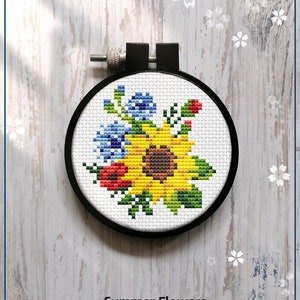 Zomerbloemen modern kruissteekpatroon, minibloemstuk, beginner lente zomer kunst decor, pdf direct downloaden