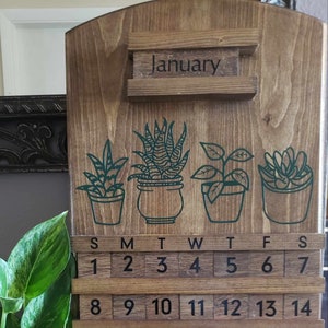 Perpetual Calendar Succulents - Wedding Gift Wood Calendar Housewarming Holiday Kitchen Succulent Flower Wooden Vintage Modern Wall Calendar