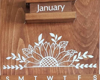 Perpetual Calendar Flower - Wedding Gift Housewarming Holiday Sunflower Daisy Wood Perpetual Calendar Wooden Vintage Modern Wall Calendar