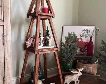 Estante de madera para árbol de Navidad: apilable, expositor de 3 niveles, estantes de madera para árbol de Navidad de tres niveles, adorno navideño, decoración de manto Pinterest