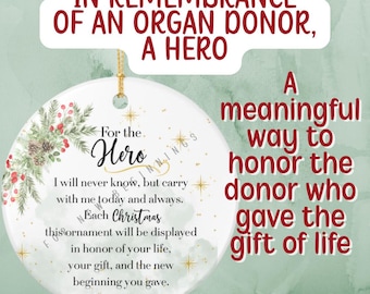 Organ Donor Memorial Ornament | Transplant Recipient Gift | Donor Hero Christmas Ornament | New Beginning Keepsake | In Memory of Donor