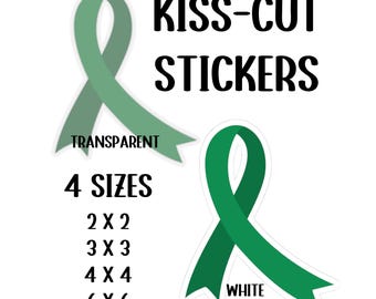 Organ Transplant Kidney Disease Green Awareness Ribbon Sticker | Kiss-Cut Sticker, Vinyl Decal